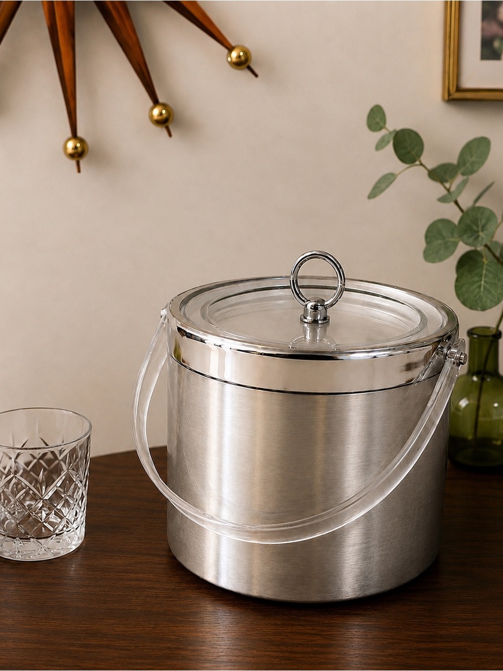 Vintage Georges Briard USA Brushed Aluminum Ice Bucket Lucite Handle MCM